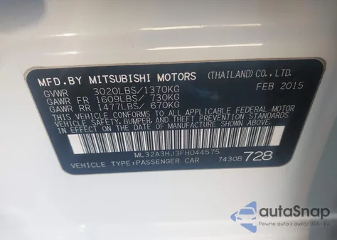 2015 Mitsubishi Mirage De from USA, damaged, VIN ML32A3HJ3FH044575